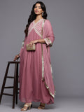 Varanga Women Mauve V Neck with Dori and Zari Embroidered Anarkali Kurta with Dupatta