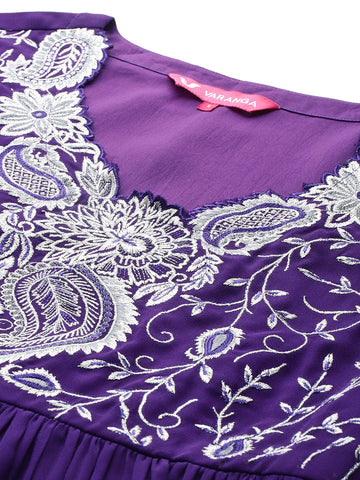 Varanga Women Purple V Scalloped Neck with Zari and Thread Embroidered Anarkali Kurta with Dupatta