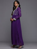 Varanga Women Purple V Scalloped Neck with Zari and Thread Embroidered Anarkali Kurta with Dupatta