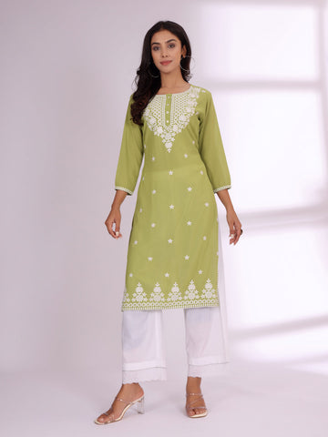 Varanga Women Lime Green Georgette Straight Thread Chikankari Embroidered Three Quarter Sleeve Kurta.