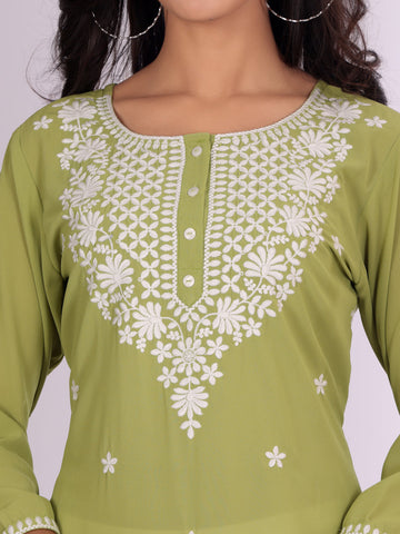 Varanga Women Lime Green Georgette Straight Thread Chikankari Embroidered Three Quarter Sleeve Kurta.