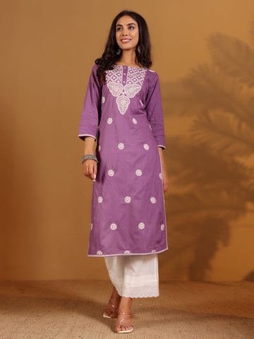 Varanga Women Chikankari Embroidered Lilac Straight Kurta