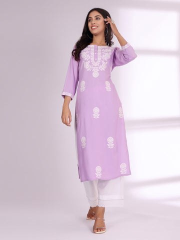 Varanga Women Chikankari Embroidered Lilac Straight Kurta