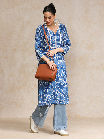 Bold Floral Printed With Lace Detailed Yoke Kurta