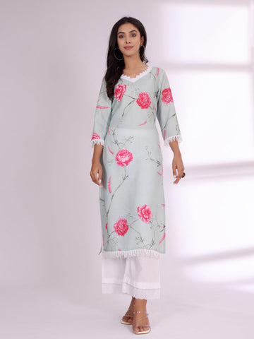 Varanga Women Floral Printed Lace Detail Straight Kurta