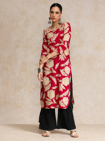 Floral Round Neck With V Detailed Round Hem Kurta