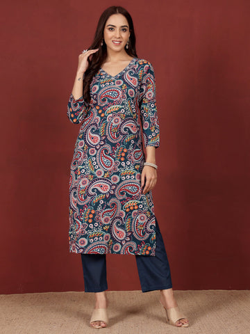 Varanga Women Paisely Printed Sequin Embroidered V Neck Kurta