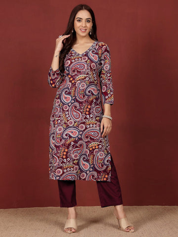 Varanga Women Paisely Printed Sequin Embroidered V Neck Kurta