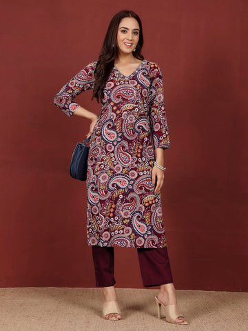 Varanga Women Paisely Printed Sequin Embroidered V Neck Kurta