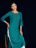 Varanga Blue Straight-Fit Kurta With Thread Embroidered Detailing