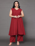 Varanga Women Plus Size Maroon V Neck A-Line Flared Kurta Paired With Bottom