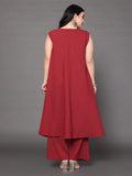 Varanga Women Plus Size Maroon V Neck A-Line Flared Kurta Paired With Bottom