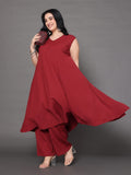 Varanga Women Plus Size Maroon V Neck A-Line Flared Kurta Paired With Bottom