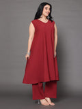 Varanga Women Plus Size Maroon V Neck A-Line Flared Kurta Paired With Bottom