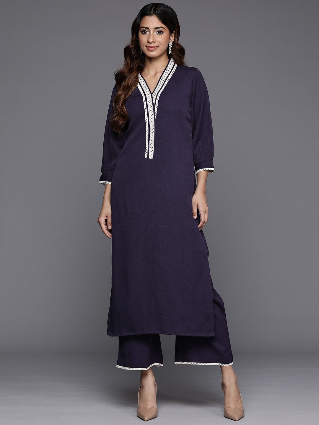 Varanga Women Navy Blue Lace Detailed Kurta Set