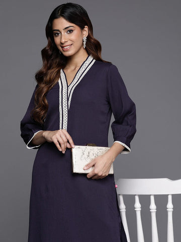 Varanga Women Navy Blue Lace Detailed Kurta Set