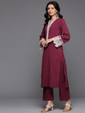 Varanga Women Burgundy Organza Lace Embroidered Mirror Embellished Kurta With Bottom