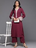 Varanga Women Burgundy Organza Lace Embroidered Mirror Embellished Kurta With Bottom