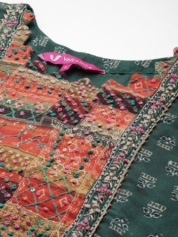 KSUT Women Green Pure Muslin Sequins And Beads Embellished Kaftan Kurta Apired With Dhoti Pants