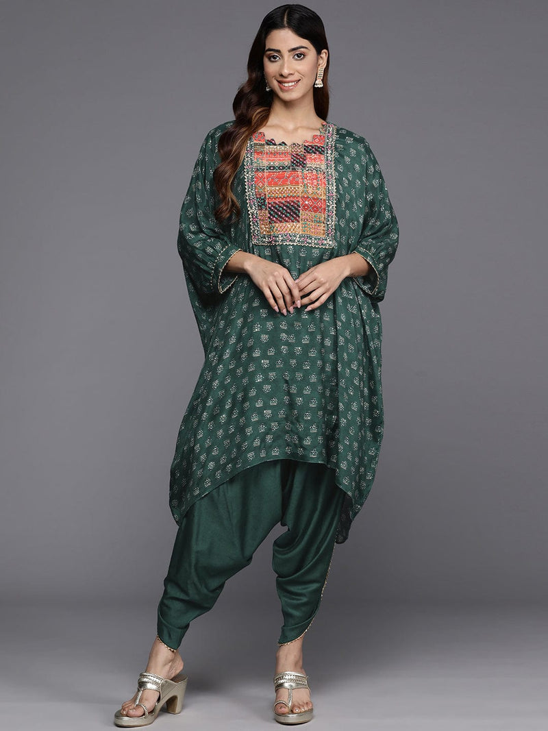 KSUT Women Green Pure Muslin Sequins And Beads Embellished Kaftan Kurta Apired With Dhoti Pants