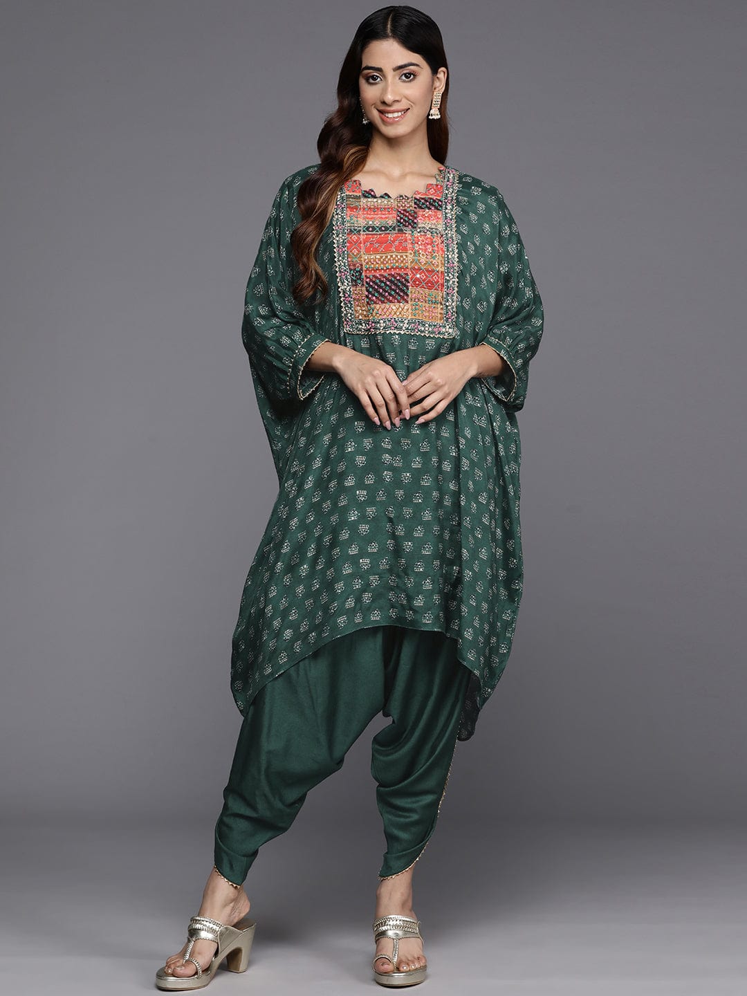 KSUT Women Green Pure Muslin Sequins And Beads Embellished Kaftan Kurta Apired With Dhoti Pants