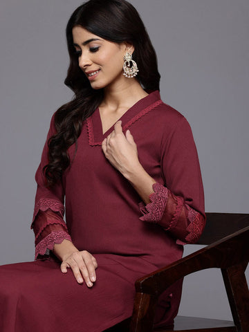 Varanga Women Maroon V Neck, Three Quater Sleeves With Tonal Cotton Lace Straight Kurta Paired With Tonal Bottom