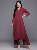 Varanga Women Maroon V Neck, Three Quater Sleeves With Tonal Cotton Lace Straight Kurta Paired With Tonal Bottom