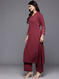 Varanga Women Maroon V Neck, Three Quater Sleeves With Tonal Cotton Lace Straight Kurta Paired With Tonal Bottom