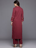 Varanga Women Maroon V Neck, Three Quater Sleeves With Tonal Cotton Lace Straight Kurta Paired With Tonal Bottom