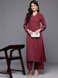 Varanga Women Maroon V Neck, Three Quater Sleeves With Tonal Cotton Lace Straight Kurta Paired With Tonal Bottom