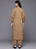 Varanga Women Beige Mandarin Collar, Three Quarter  Thread Embroidered Kurta Set