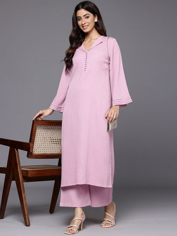 Varanga Women Mauve V Neck With Collar Detailed Straight  Kurta With Bottom