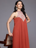 Varanga Women Halter Neck Zari and Sequence Embroidered Sleeveless Flared Kurta Paired with Tonal Bottom