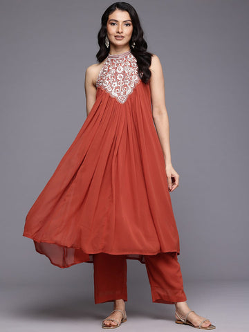 Varanga Women Halter Neck Zari and Sequence Embroidered Sleeveless Flared Kurta Paired with Tonal Bottom