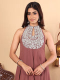 Varanga Women Nude Yoke Embroidered Sleeveless Flared Kurta with Trousers