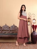 Varanga Women Nude Yoke Embroidered Sleeveless Flared Kurta with Trousers