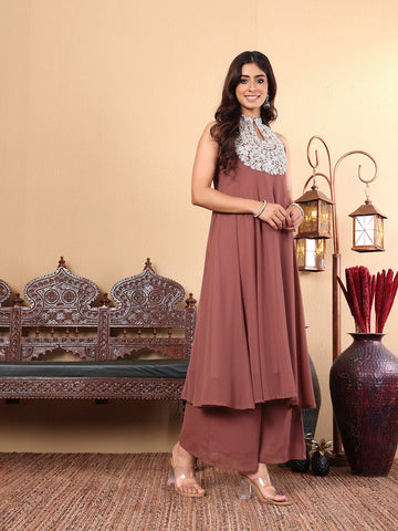 Varanga Women Nude Yoke Embroidered Sleeveless Flared Kurta with Trousers