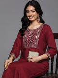 Varanga Women Maroon Round Neck Yoke Embroidered Kurta Paired With Tonal Solid Bottom