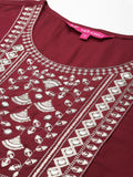 Varanga Women Maroon Round Neck Yoke Embroidered Kurta Paired With Tonal Solid Bottom