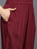 Varanga Women Maroon Round Neck Yoke Embroidered Kurta Paired With Tonal Solid Bottom