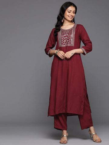 Varanga Women Maroon Round Neck Yoke Embroidered Kurta Paired With Tonal Solid Bottom