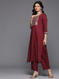 Varanga Women Maroon Round Neck Yoke Embroidered Kurta Paired With Tonal Solid Bottom