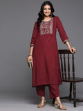 Varanga Women Maroon Round Neck Yoke Embroidered Kurta Paired With Tonal Solid Bottom