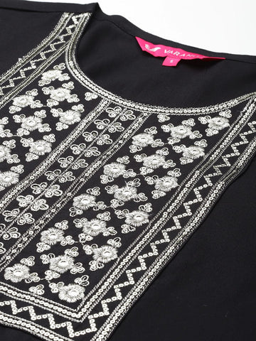 Varanga Women Black Round Neck Yoke Embroidered Straight Kurta Paired With Tonal Bottom