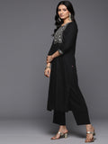 Varanga Women Black Round Neck Yoke Embroidered Straight Kurta Paired With Tonal Bottom