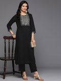 Varanga Women Black Round Neck Yoke Embroidered Straight Kurta Paired With Tonal Bottom