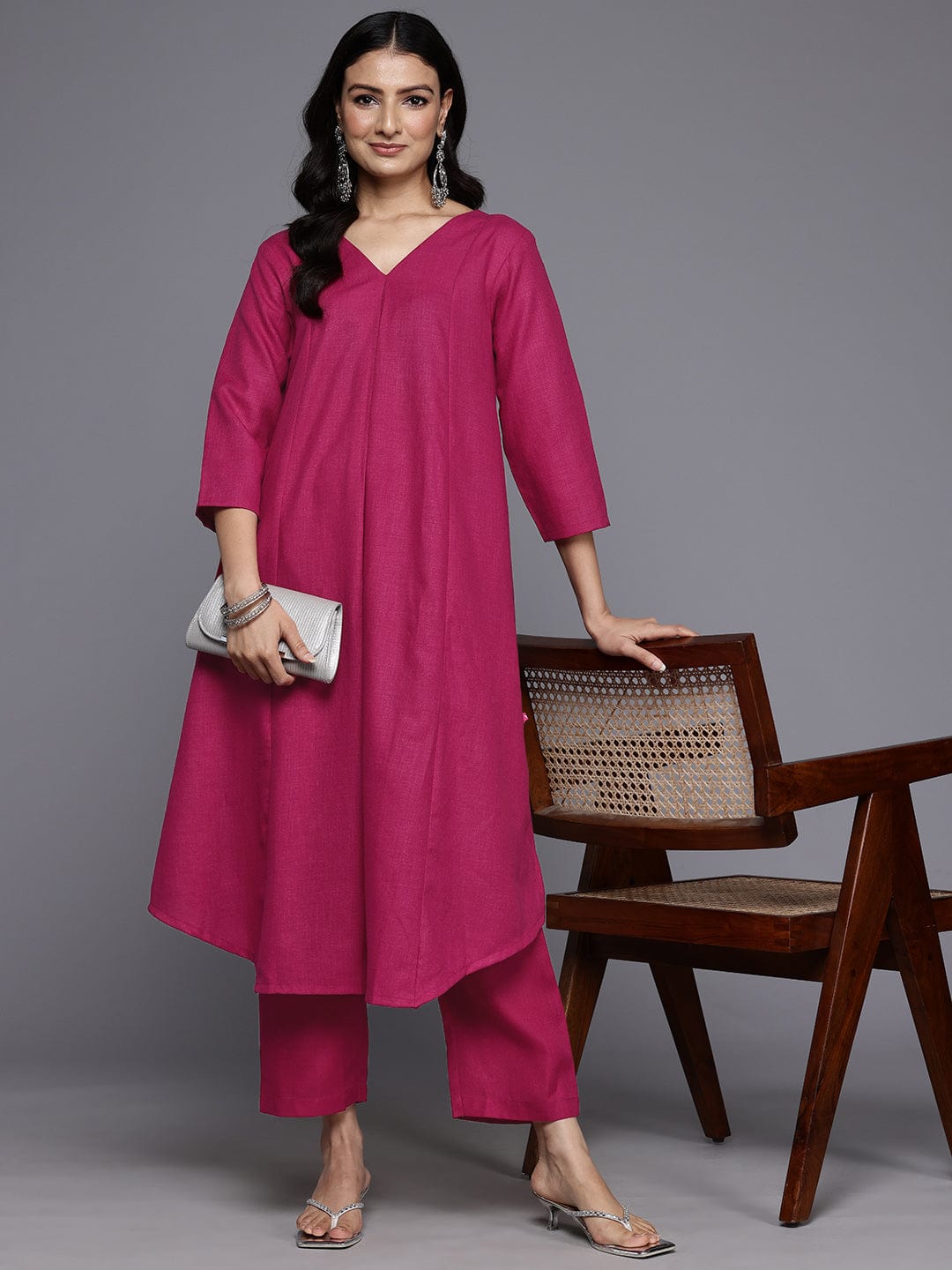 Varanga Women Magenta Solid A-Line Kurta Paired With Tonal Bottom