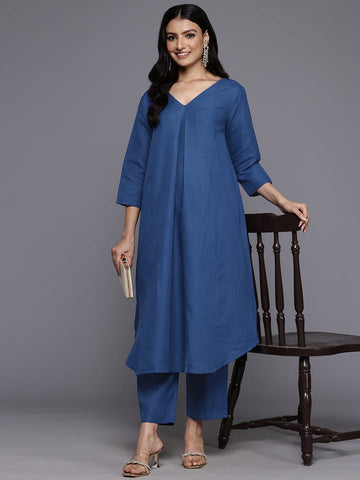 Varanga Women Blue Solid A-Line Kurta Paired With Tonal Bottom