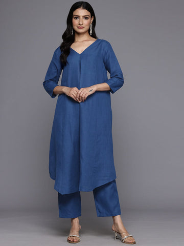 Varanga Women Blue Solid A-Line Kurta Paired With Tonal Bottom