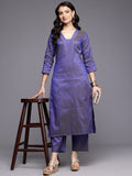 Varanga Women Blue Jacquard V Neck Kurta with Bottom